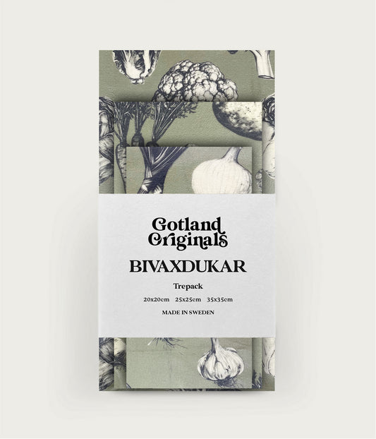 3 pack Veggie bivaxdukar med mönster av rotfrukter