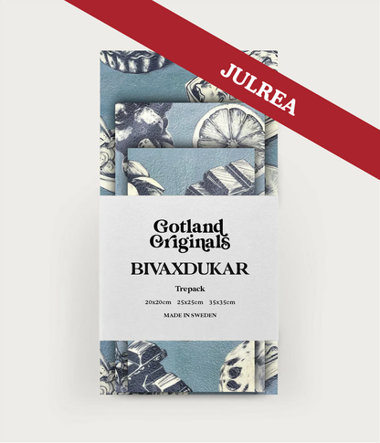 Bivaxduk i trepack, wrappack, med text julrea