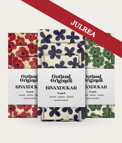 Produktbild Bivaxdukar 9-pack, mönster "Color Mix" med text julrea