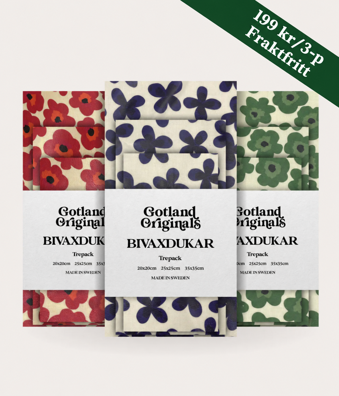 Bivaxdukar med gröna, röda och blå blommor