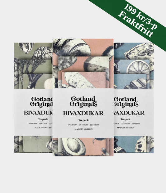 Bivaxdukar med mönster av bröd, rotfrukter mm