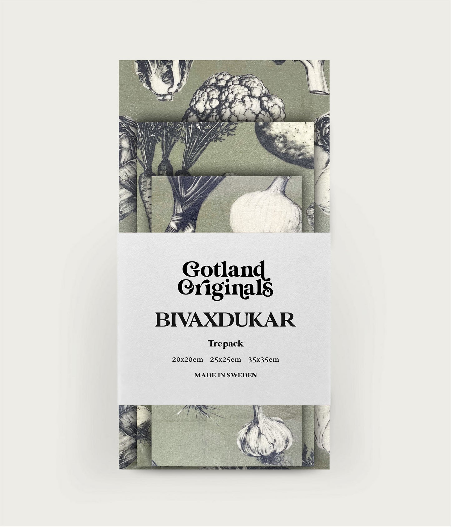 3 pack Veggie bivaxdukar med mönster av rotfrukter